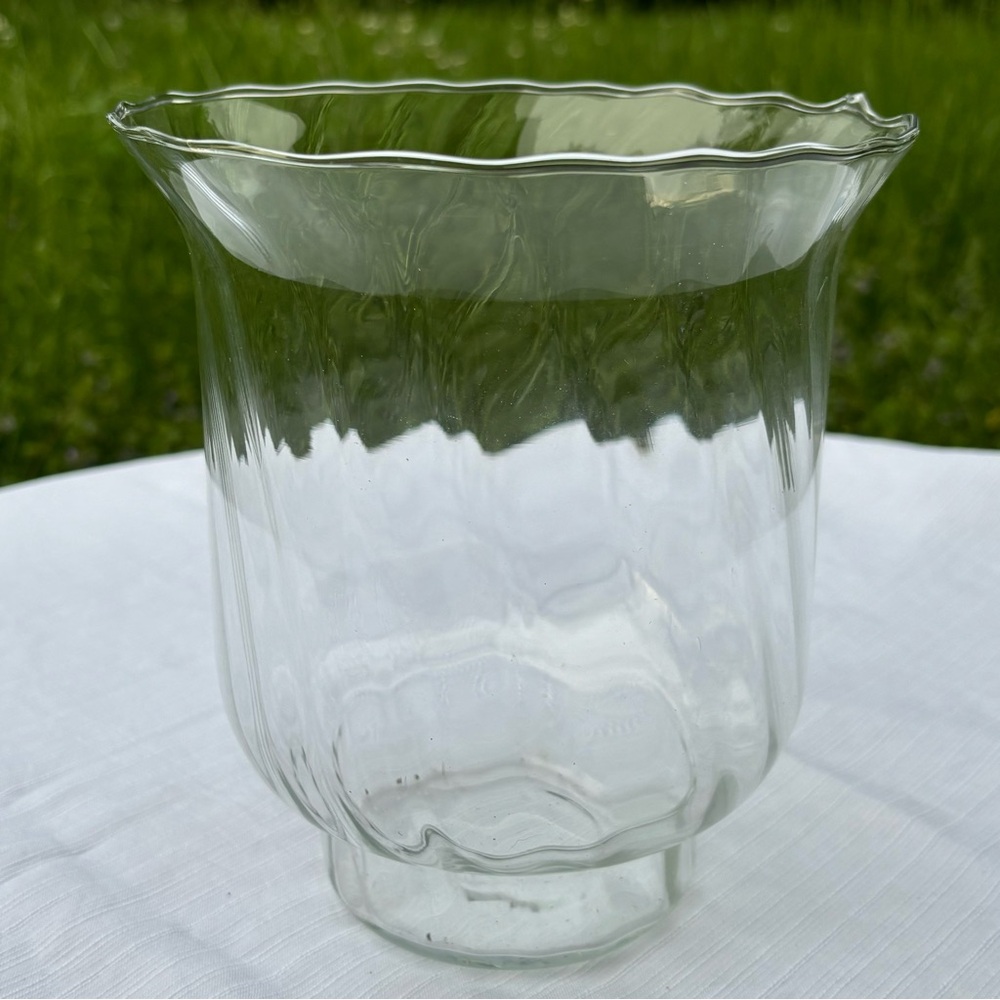 Hand blown transparent clear wide flower or Lg candle vase 8” tall